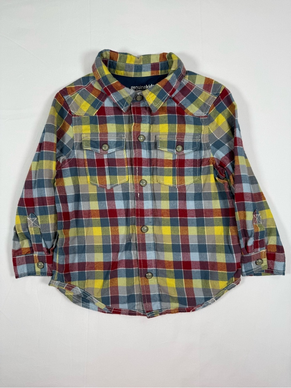 OSHKOSH Boys Western Plaid Flannel Pearl Snap Shirt 24M Y2K Cowboy Rodeo Retro